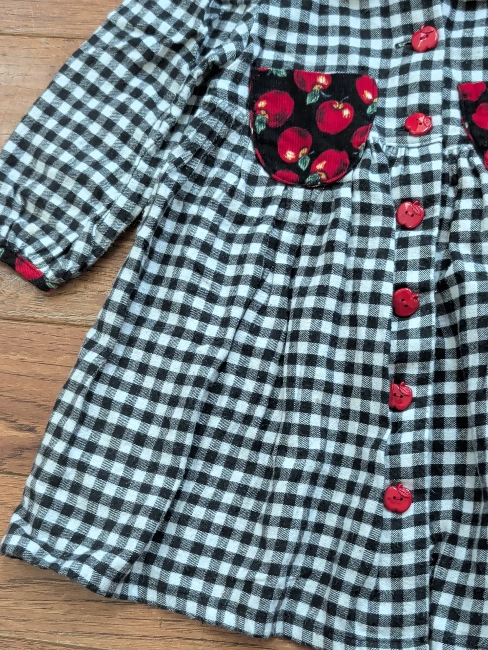 Kate Greenaway Vintage Flannel Black White Gingham Dress with Red Cherry Accents